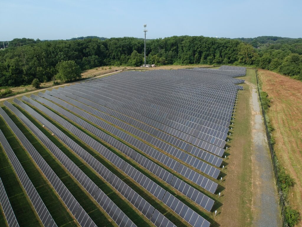 A solar array set up in a forest clearing