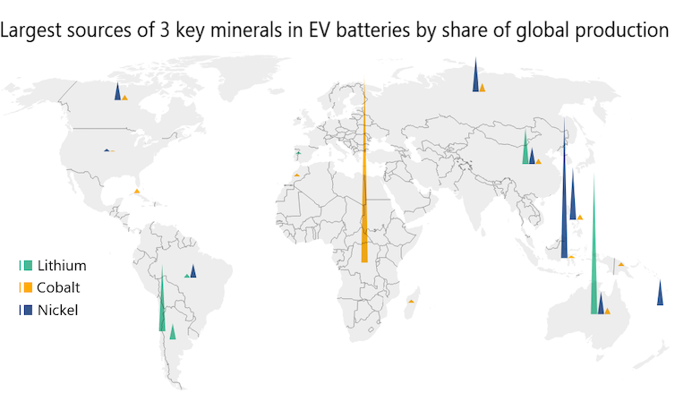 Bars on a map show countries with the most critical mineral production.